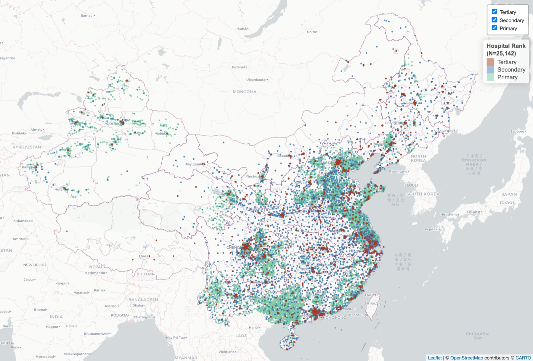 Map showing the geographically uneven distribution of medical resources in China